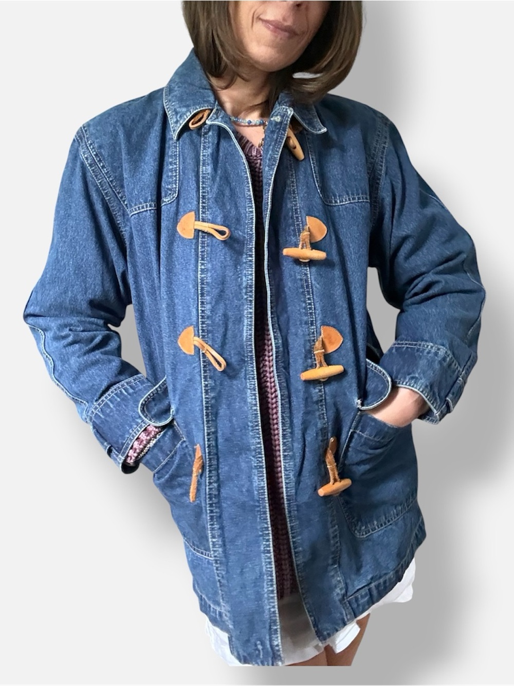 Vintage Liz Wear Denim Toggle Jacket with Leather Accents